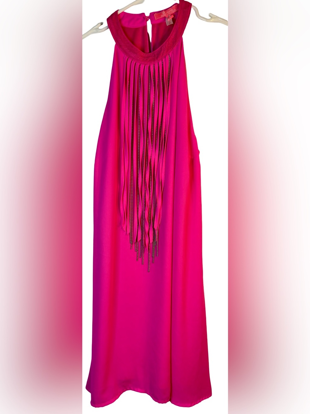 Sleeveless Fringe-Front Mini Dress in Hot Pink